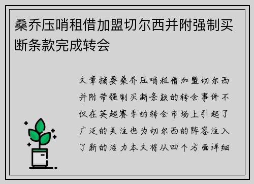 桑乔压哨租借加盟切尔西并附强制买断条款完成转会